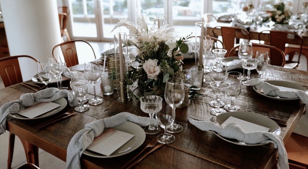 Romantic Industrial Reception at Penthouse Riverside Wharf. Table details