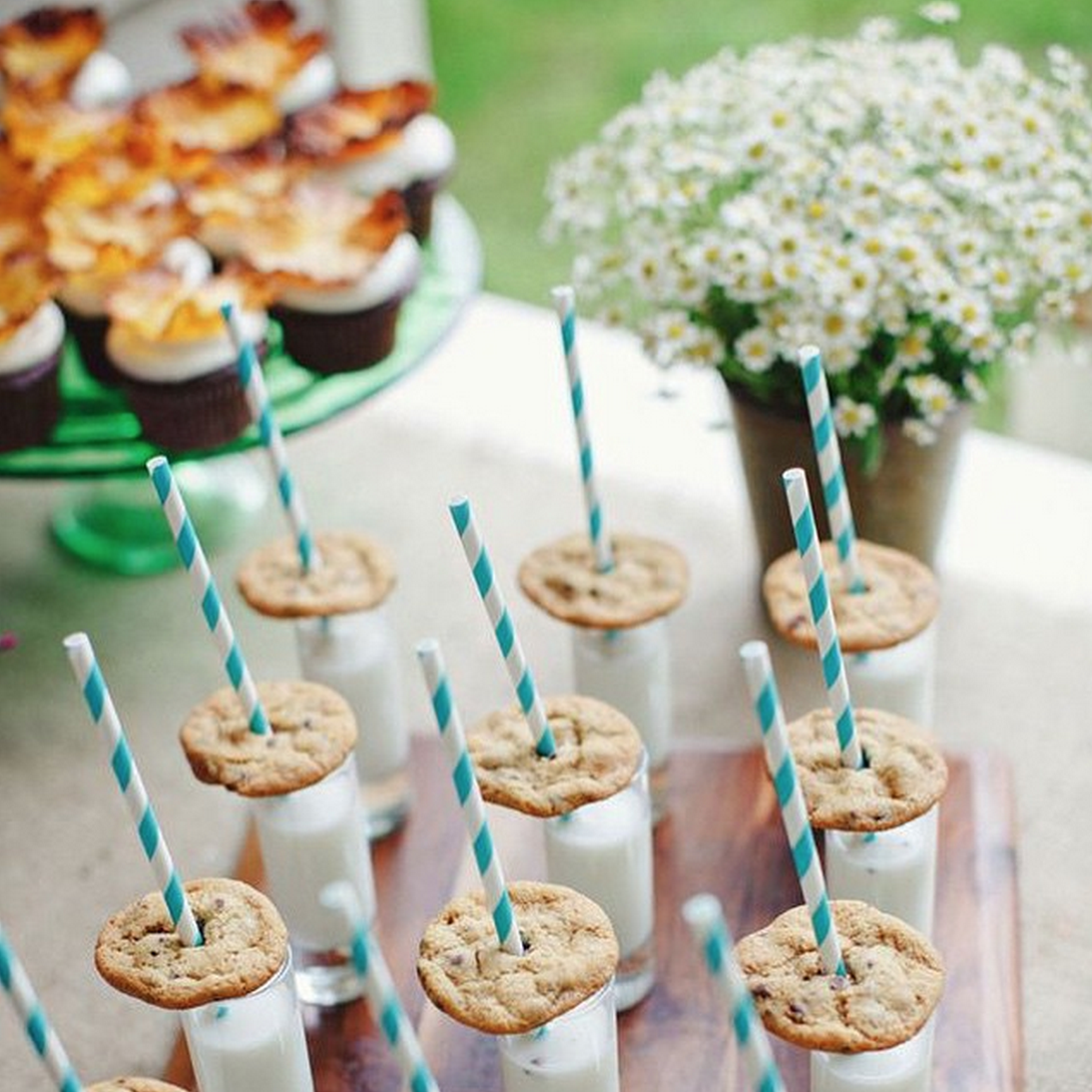 Cookies with Milk Shots in a Baby Shower.