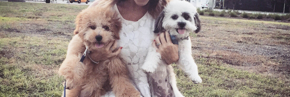 Adri CEO of The Creative's Loft with two little puppies at the park