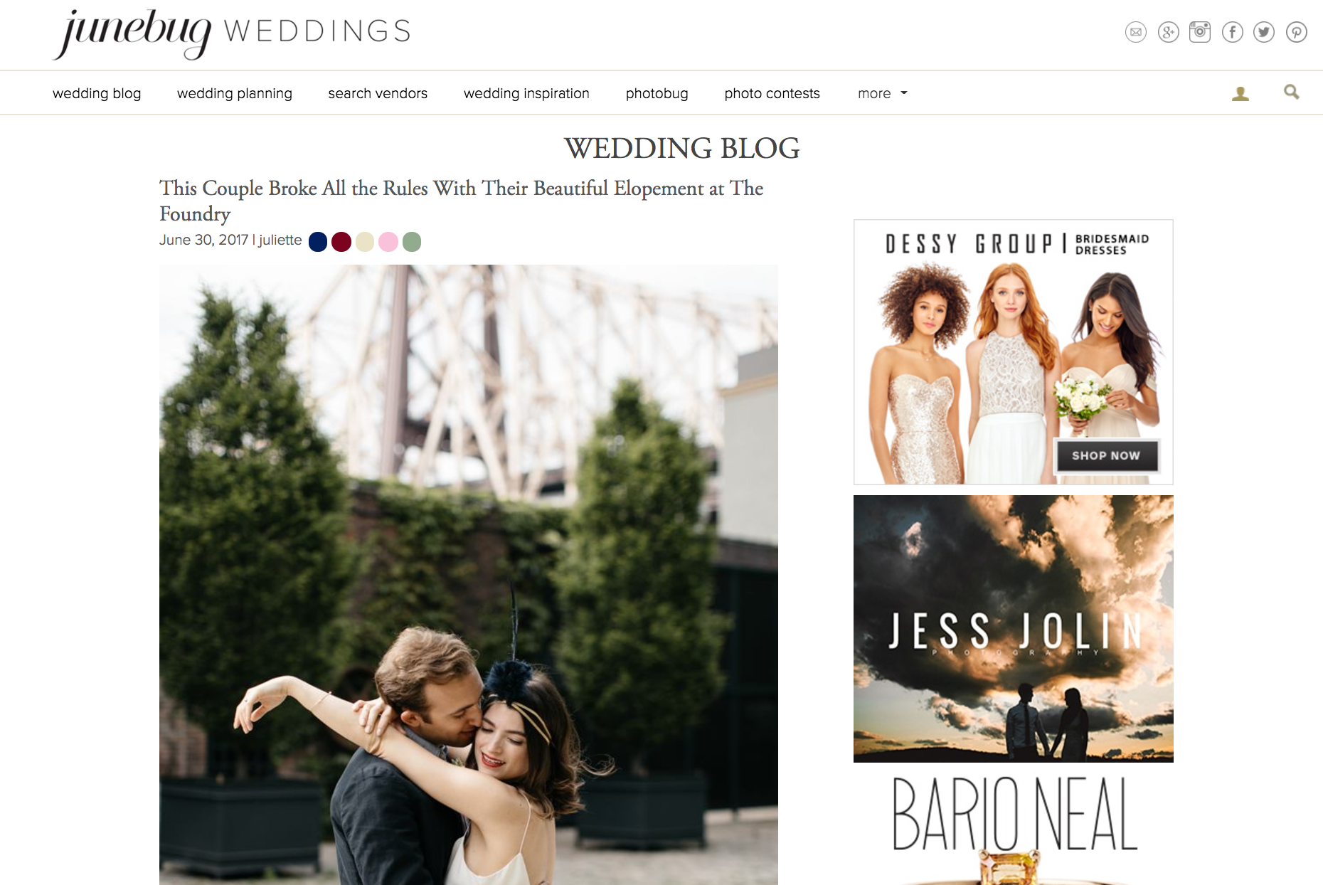 Featured on Junebug Weddings Blog our Brooklyn Elopement Wedding