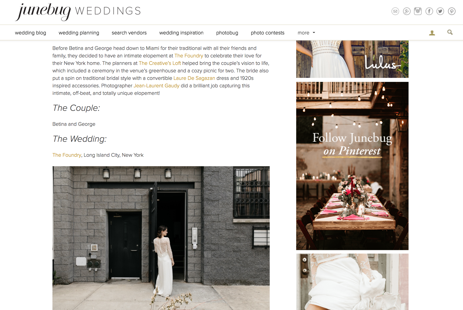 Featured on Junebug Weddings Blog our Brooklyn Elopement Wedding