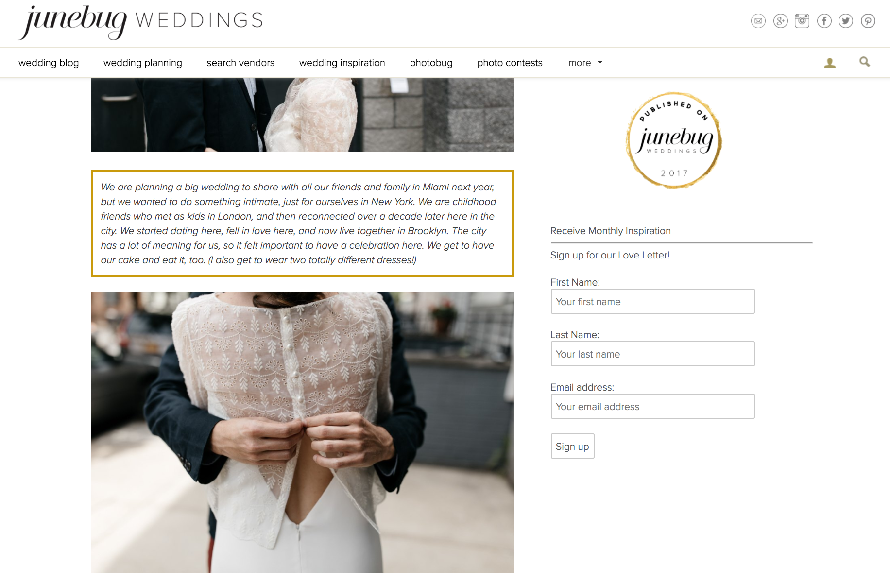 Featured on Junebug Weddings Blog our Brooklyn Elopement Wedding