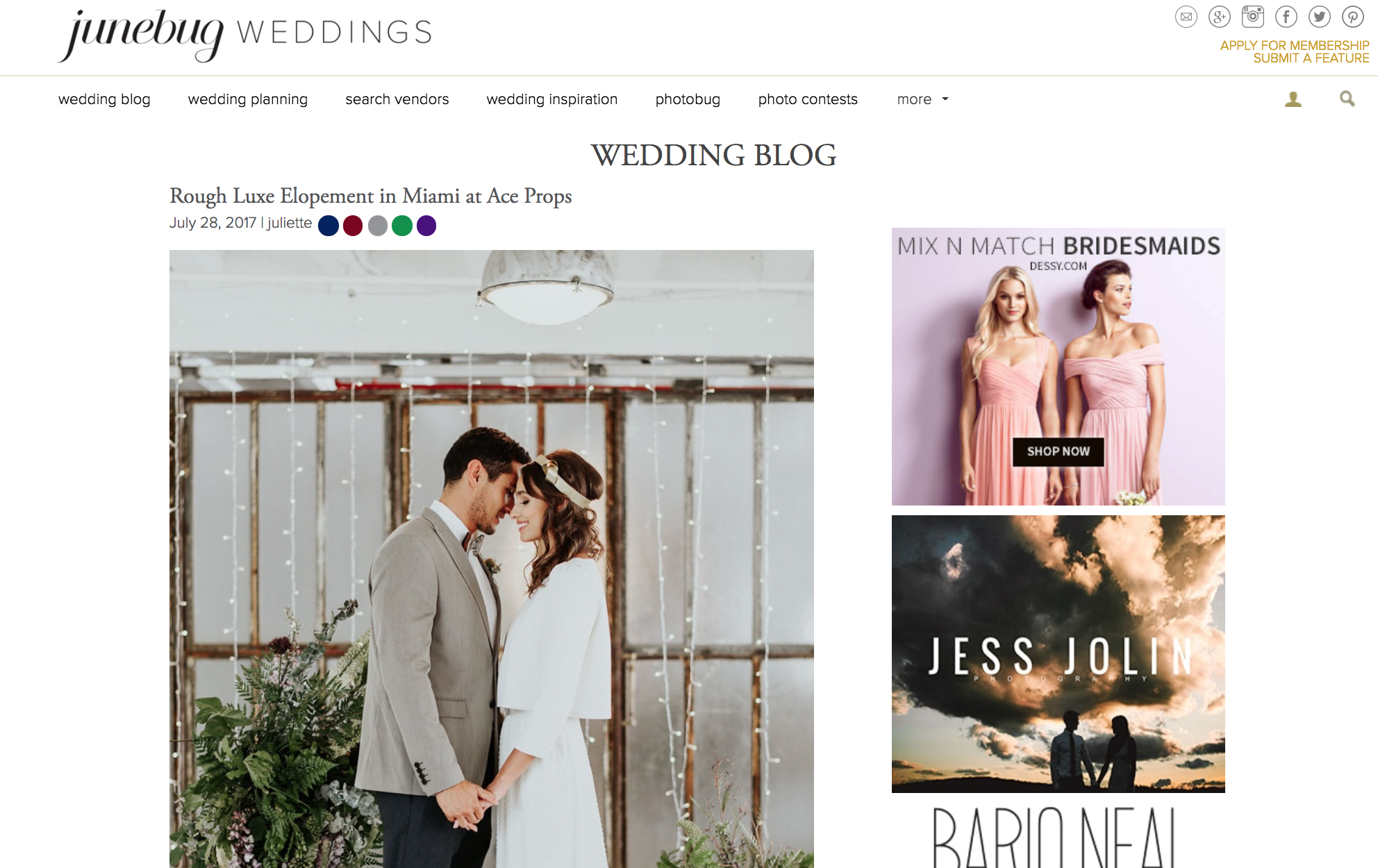 Featured On Junebug Weddings our Rough Luxe Elopement at ACE Props