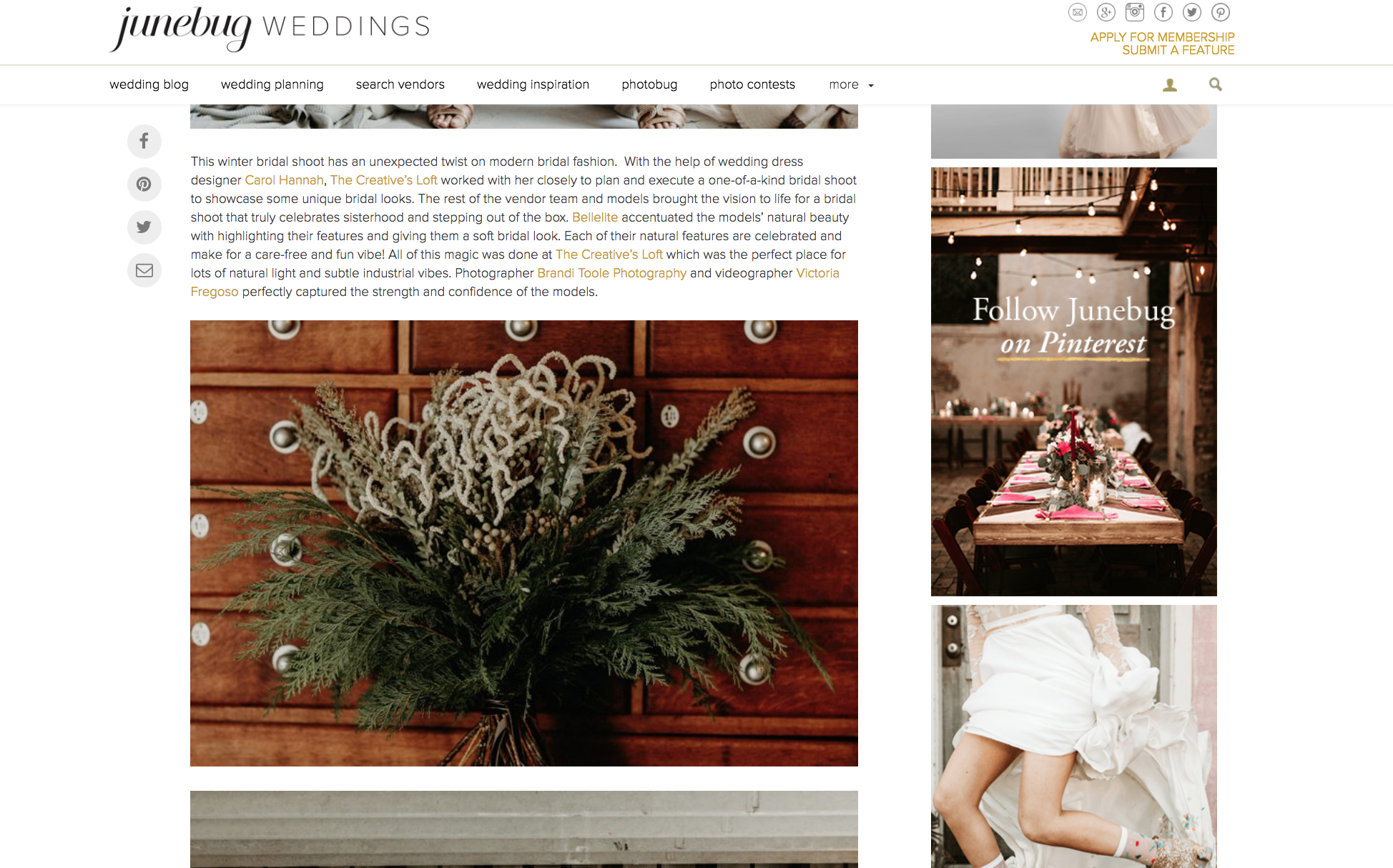 Featured on Junebug Weddings our Winter Bridal Editorial Wedding The Creatives Loft Wedding Planner