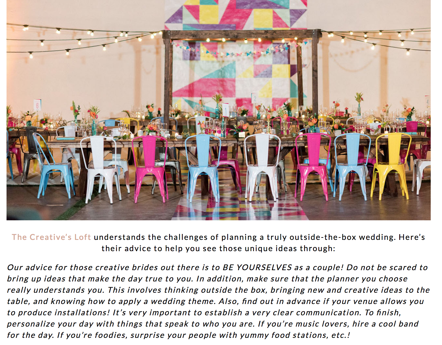 Featured on Green Wedding Shoes our Industrial Colorful Wedding The Creatives Loft Wedding Planning Studio