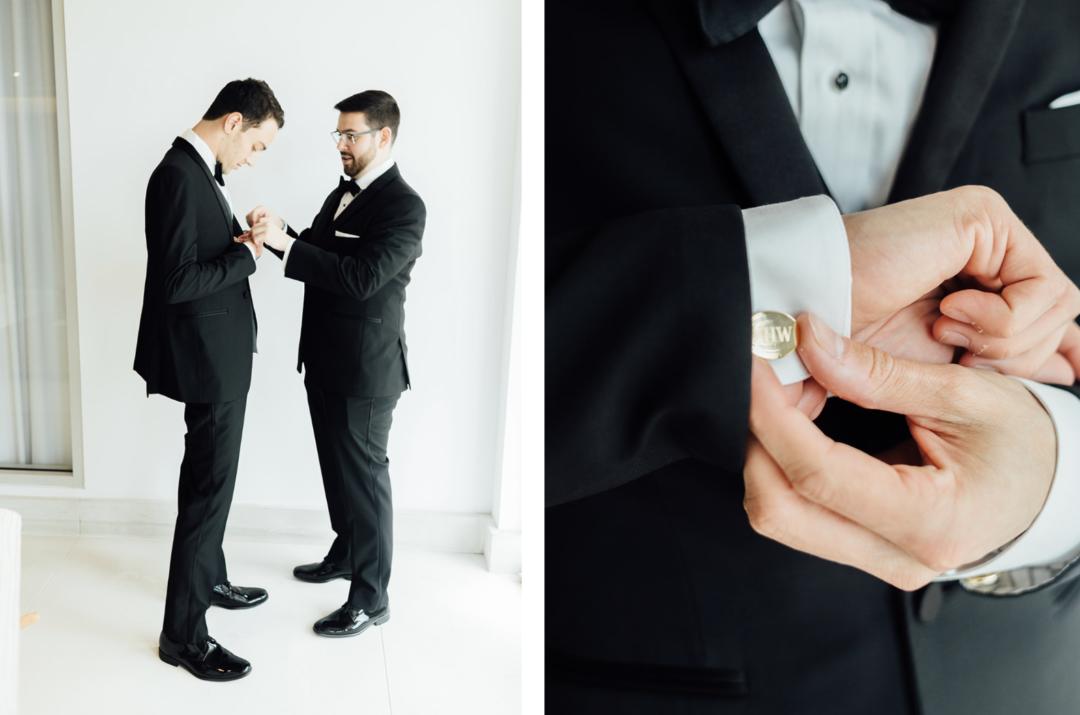 putting on his jacket with the bestman