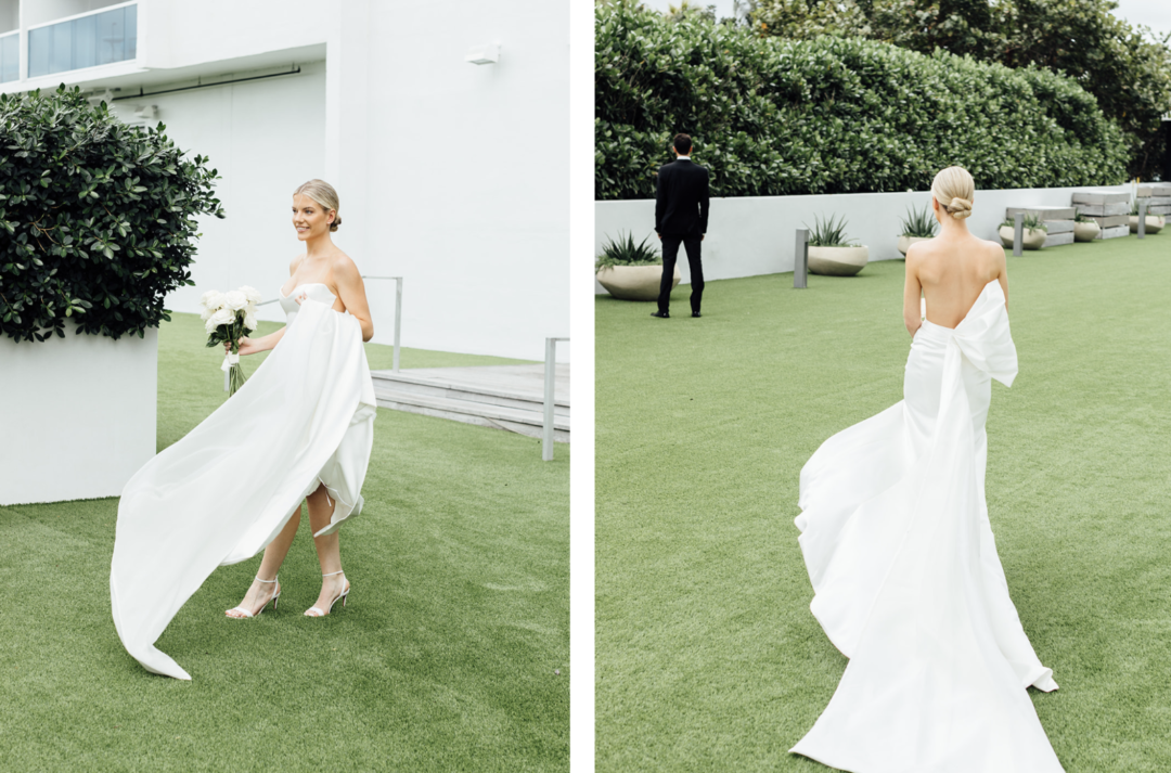 The bride walking down on the first look area