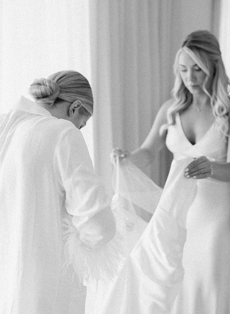 Bride checking out her dress