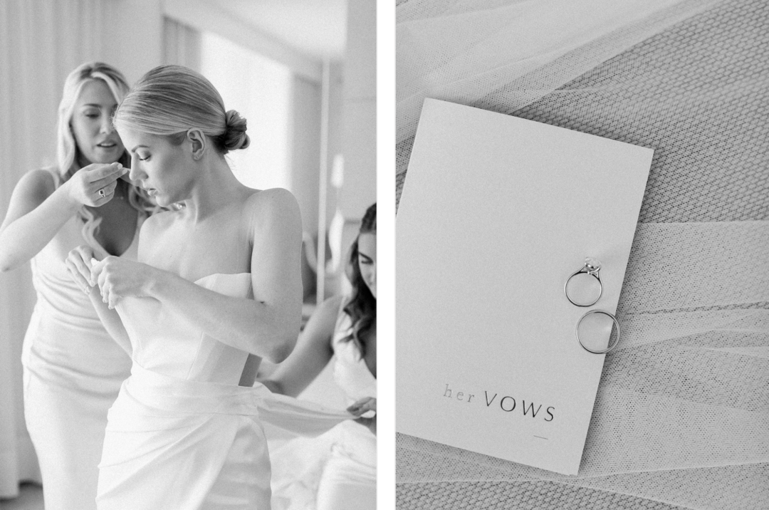 Bride putting on her dress and vows book with rings