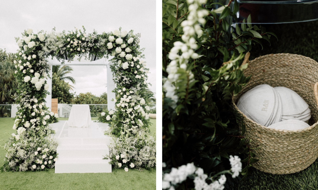 Ceremony Details. The altar and kippot in a basket