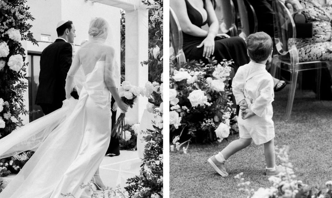 The couple at the altar and their son walking