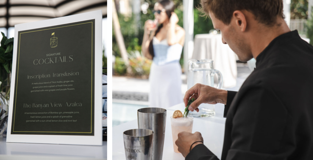 The cocktail sign and a bartender preparing a drink